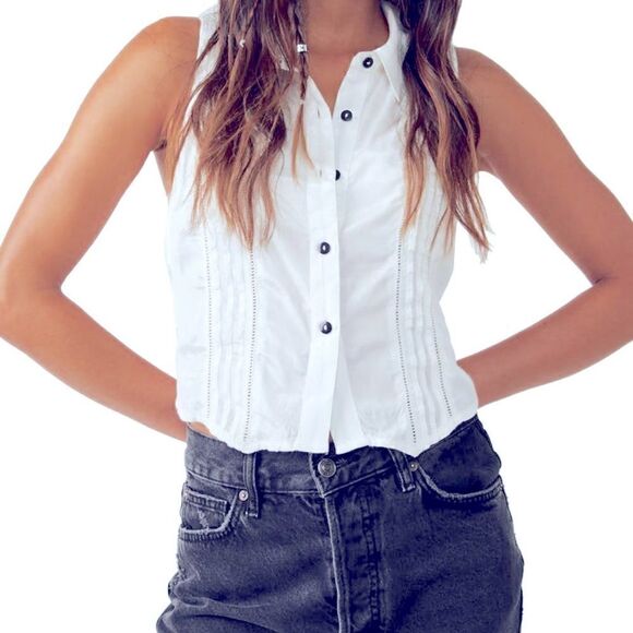 NWT Free People Drive Back Ivory Sleeveless Collar Button Down XS Tank Tux Chic - Picture 6 of 6